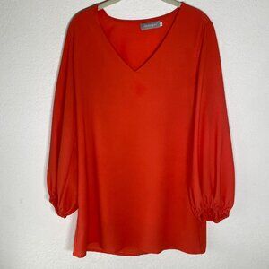 Belongsci Womens Red Orange V-Neck Blouse With Balloon Sleeves Size M